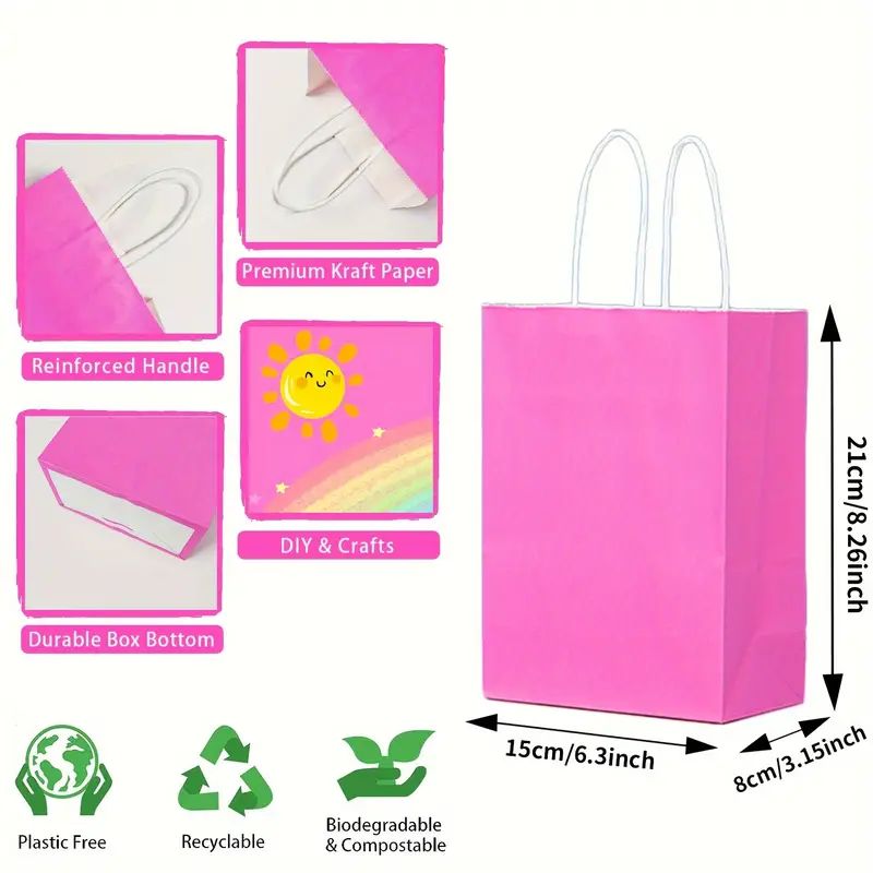 8/12/25/50/100pcs, Valentine's Day Gift Bags, Wedding Gift Bags, Fashionable And Vibrant Pink, Made Of Kraft Paper With Handles, 6.3*3.15*8.26 Inches, Suitable For Wedding And Birthday Gift Bags, And More Suitable For Various Holiday Party Gift Bags